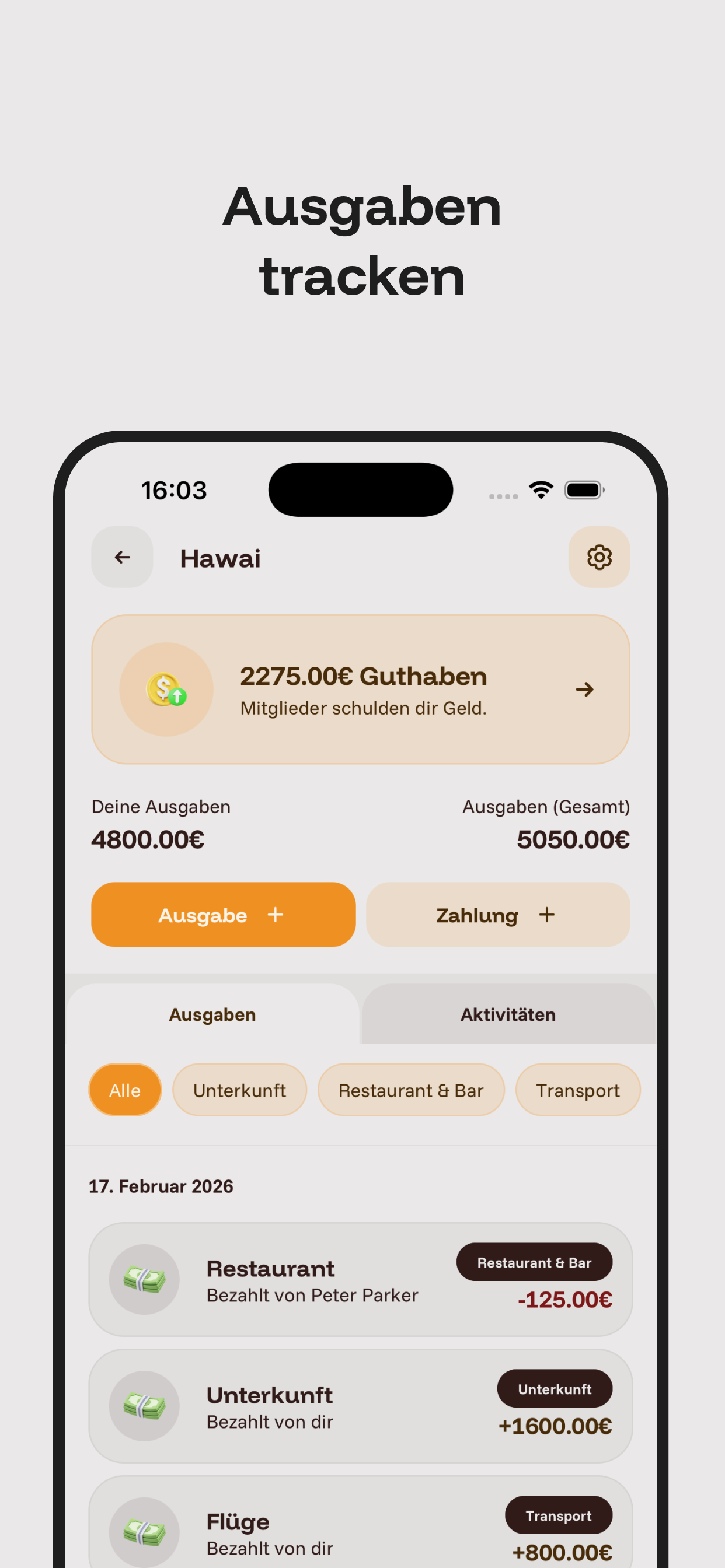 Freundesliste mit individuellen Salden und geteilten Ausgaben