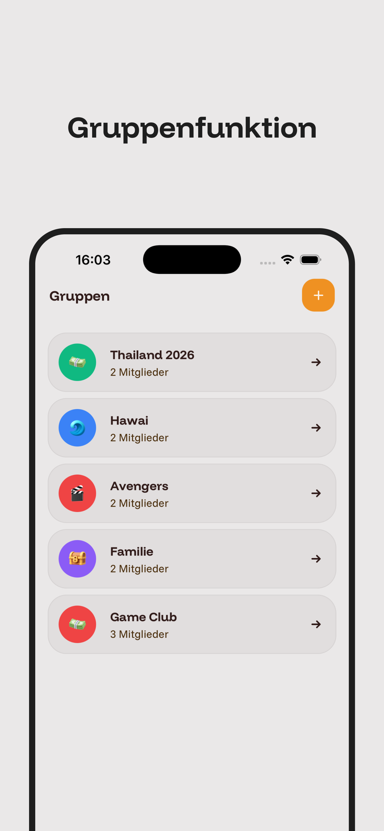 Gruppenausgaben-Übersicht mit Mitglieder-Salden